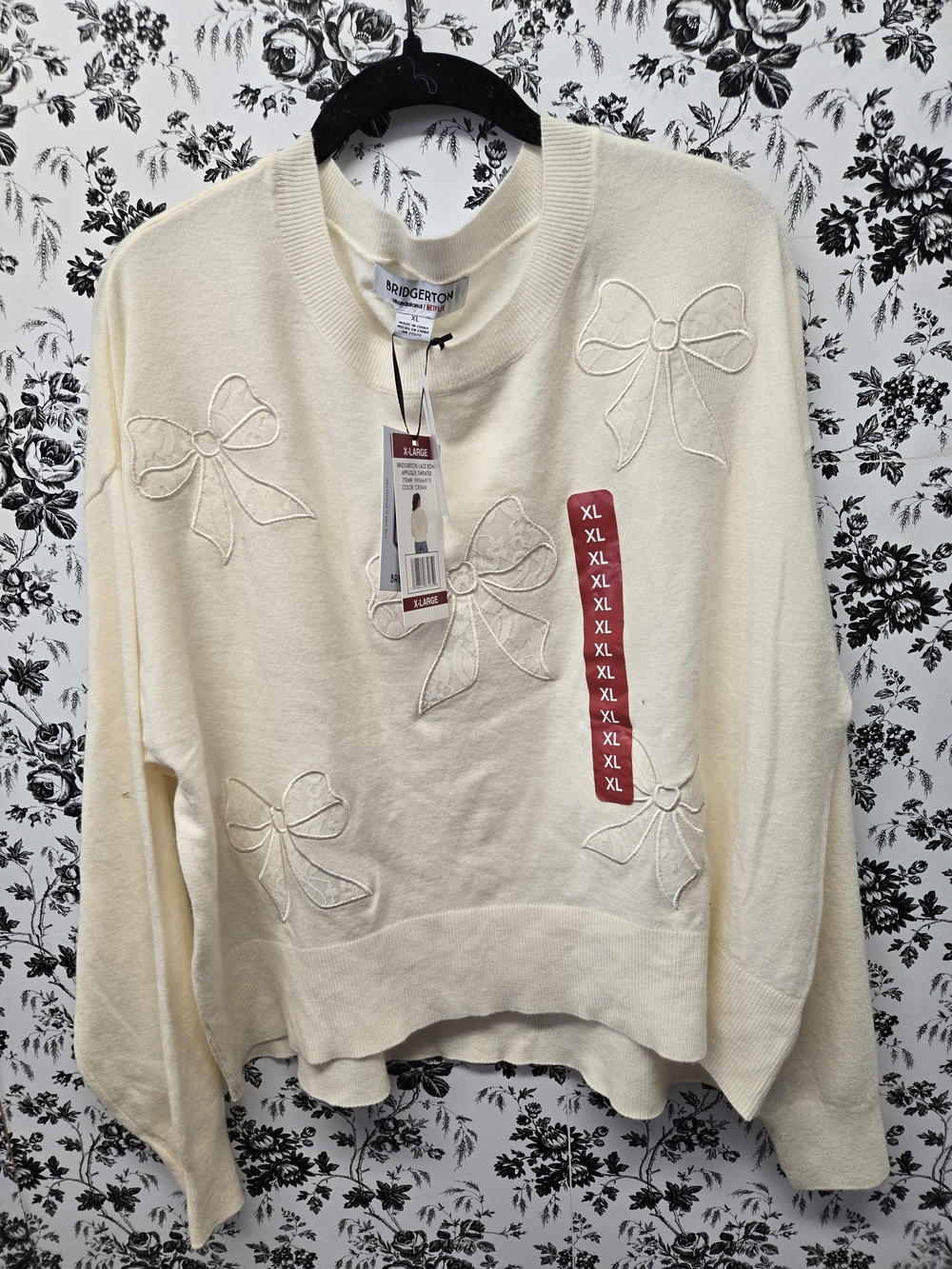 Bridgerton Inspired Cream Bow Embroidered Sweater - XL